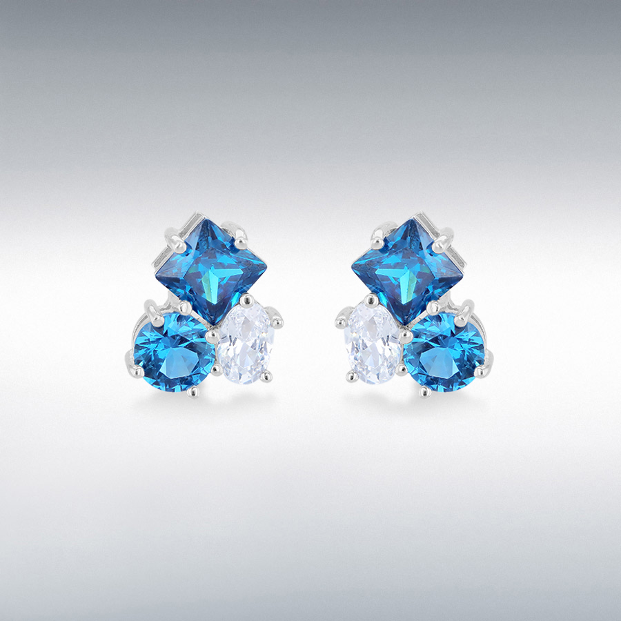 Sterling Silver Rhodium Plated White and Blue CZ 3-Stone 8.5mm x 11.5mm Cluster Stud Earrings