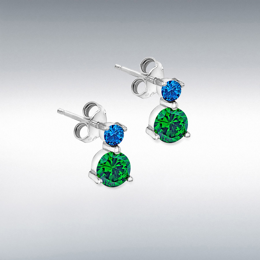 Sterling Silver Rhodium Plated Blue and Green CZ 5.5mm x 9mm Graduated Stud Earrings
