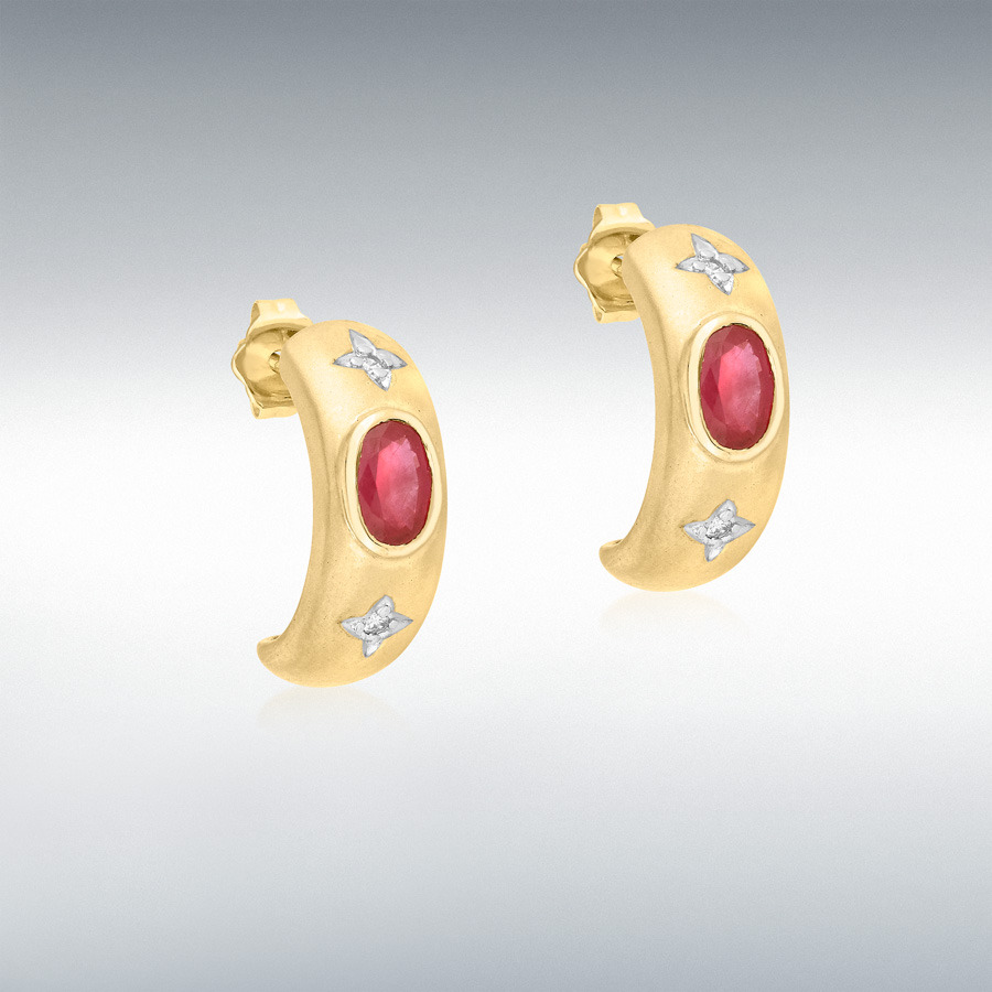 9ct Yellow Gold 0.04ct Diamond and Cabochon Ruby Half-Hoop Earrings