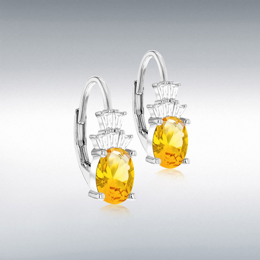 STERLING SILVER RHODIUM PLATED 5MM X 15MM YELLOW OVAL CZ CREOLE EARRINGS