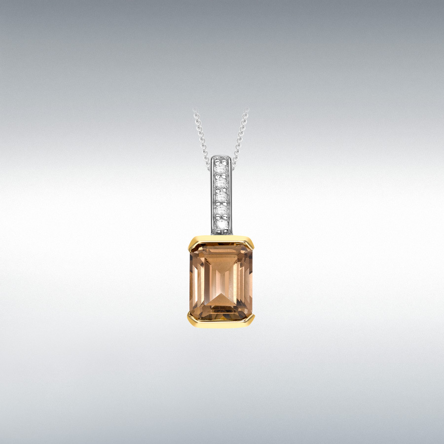 9ct Yellow Gold 0.02ct Diamond and Rectangular Smokey Quartz 6mm x 17mm Pendant