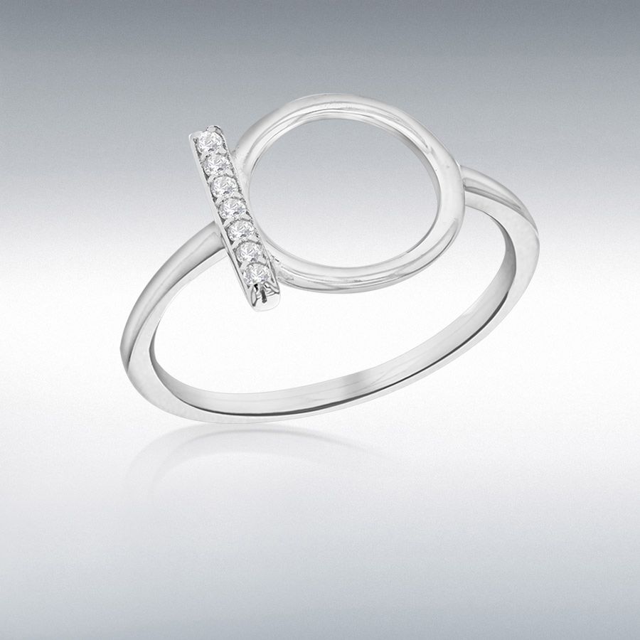 Sterling Silver Rhodium Plated CZ Circle & Bar Ring