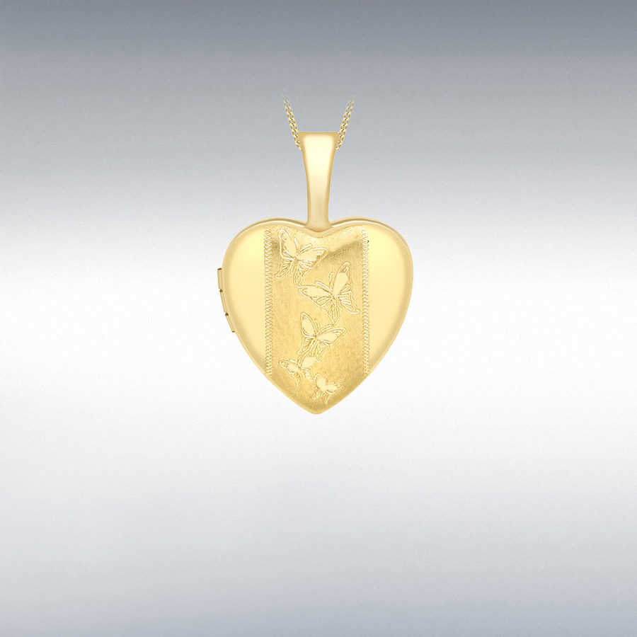 9ct Yellow Gold 12mm x 18mm Etched Butterfly-Detail Heart Locket