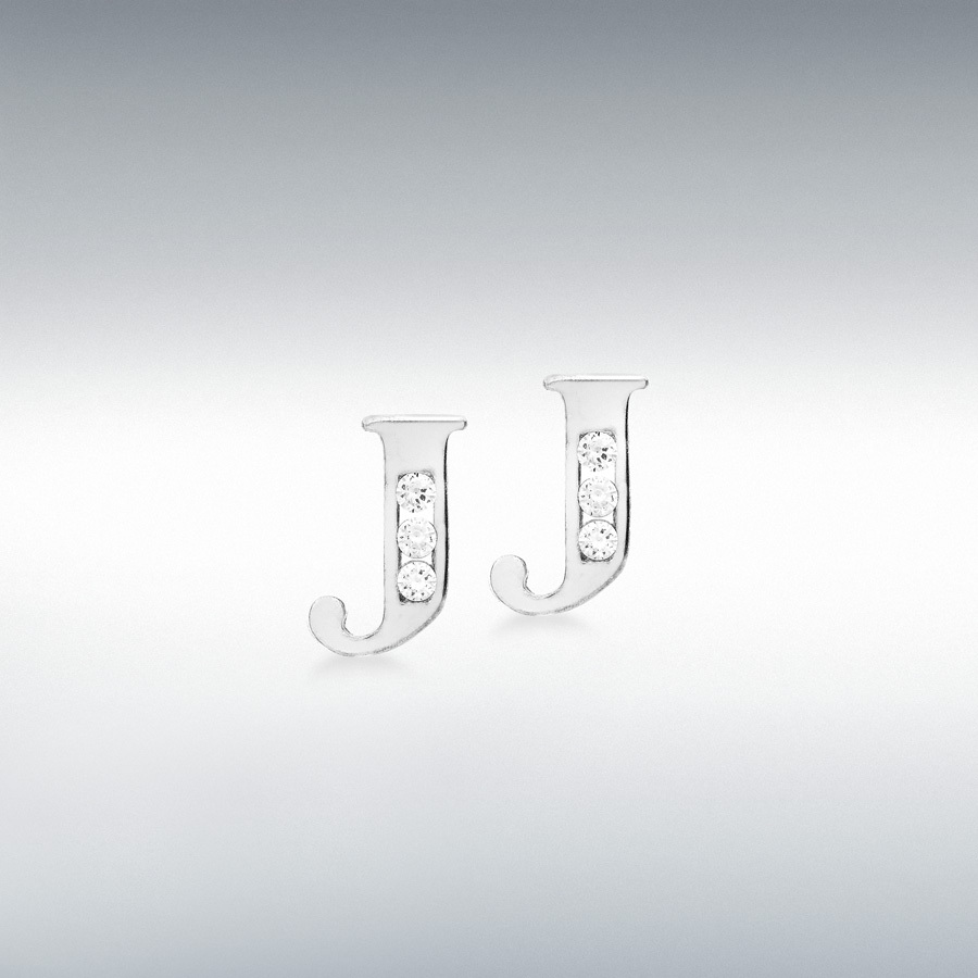 9ct White Gold CZ 4mm x 7mm 'J' Initial Stud Earrings