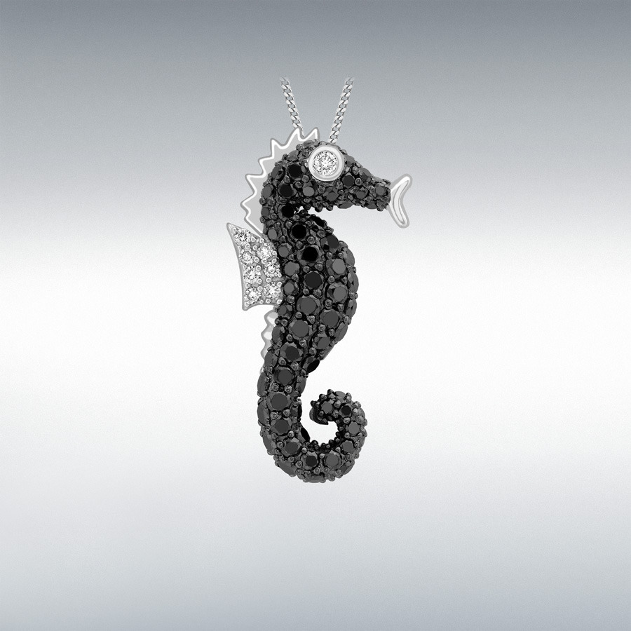 9ct White Gold 1.12ct Black and White Diamond 13mm x 25mm Seahorse Pendant