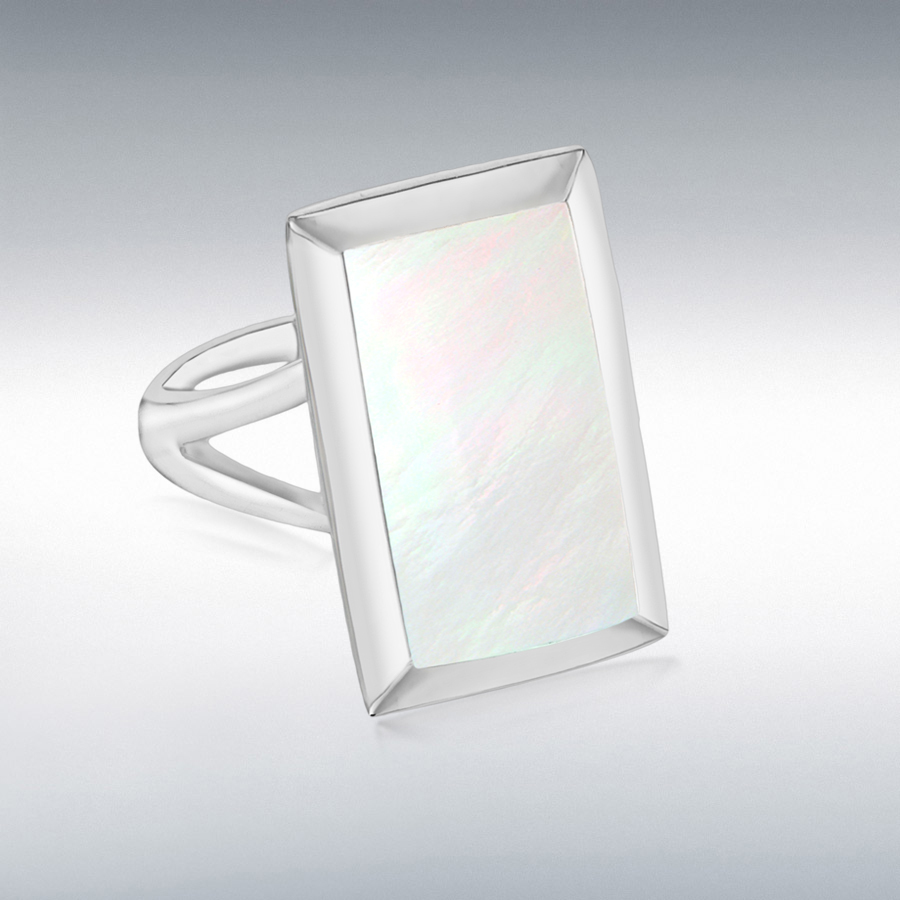 Sterling Silver White Mother of Pearl 12mm x 18.5mm Rectangular Split-Shoulder Ring