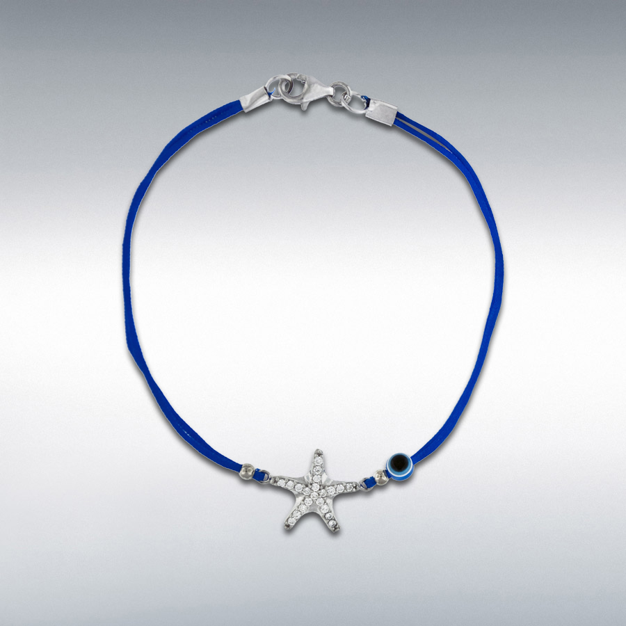Sterling Silver White CZ 13mm x 12mm Starfish and Bead Blue Cord Bracelet 18cm/7