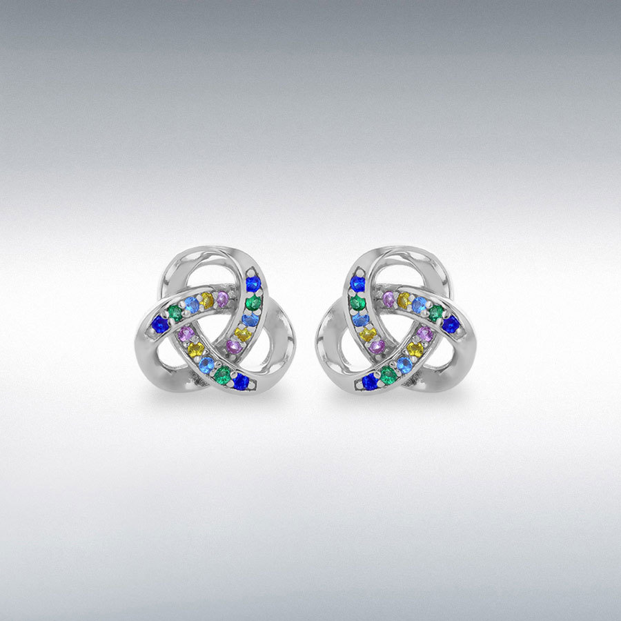 Sterling Silver Rhodium Plated Trinity Knot Multi Coloured CZ Earrings