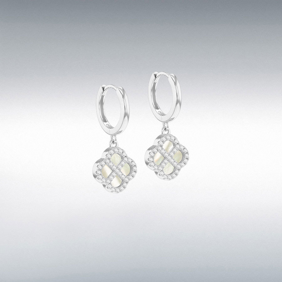 Sterling Silver Rhodium Plated 11mm Mother of Pearl Clover and 1.1mm CZ Hoop Earrings