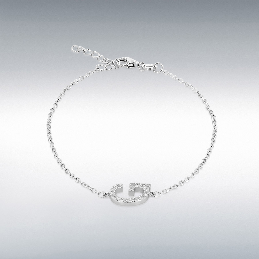 Sterling Silver Rhodium Plated CZ 11mm x 7.5mm 'G' Initial Bracelet 19cm/7.5