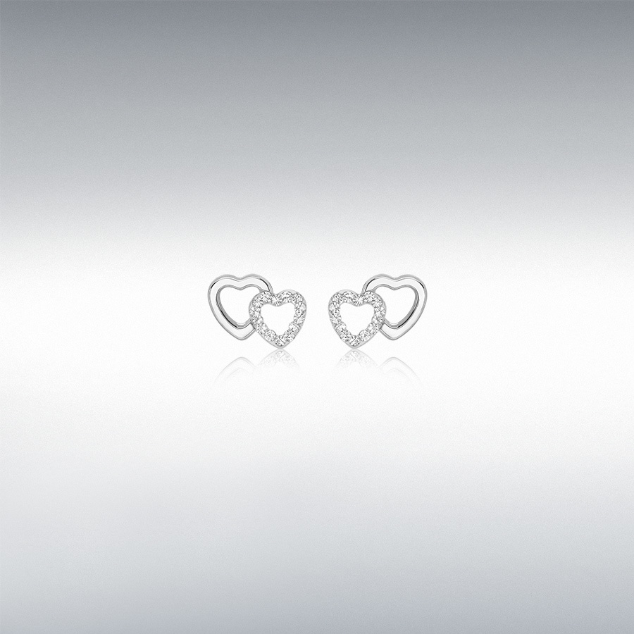 9ct White Gold CZ 10.5mm x 7.5mm 'Double Heart' Stud Earrings