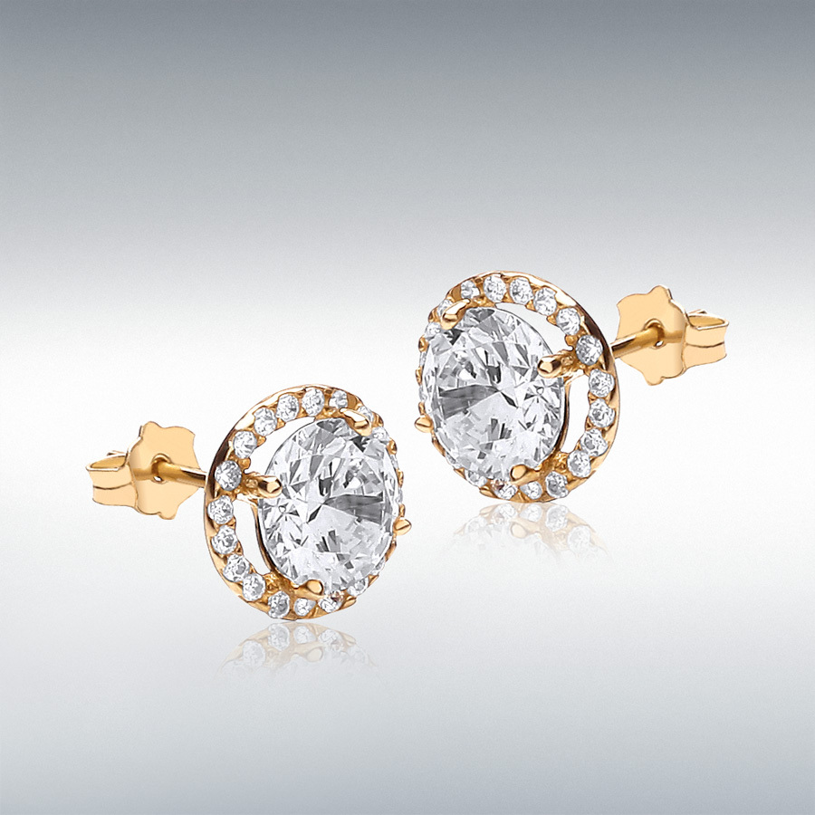 9ct Yellow Gold 6mm Round CZ and Pave Set 9mm Stud Earrings