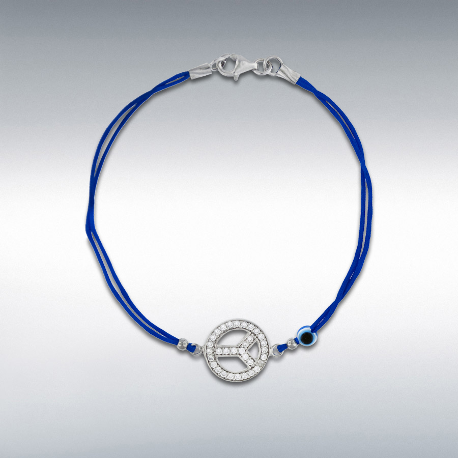 Sterling Silver White CZ 12.5mm x 12.5mm Peace Sign and Bead Blue Cord Bracelet 18cm/7''