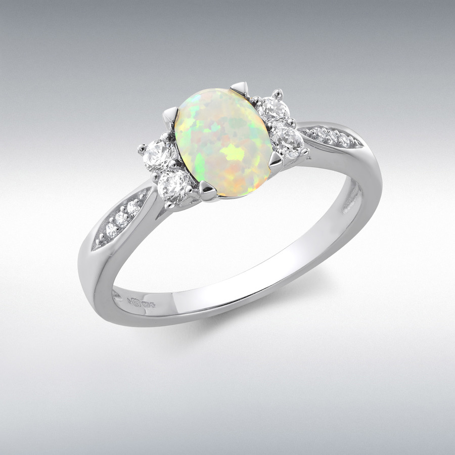 9ct White Gold CZ and Synthetic Opal Tapered-Shoulder Ring