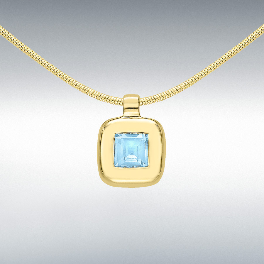 9ct Yellow Gold Blue Topaz 8mm x 11mm Square Pendant on Snake Chain Necklace 41cm/16"