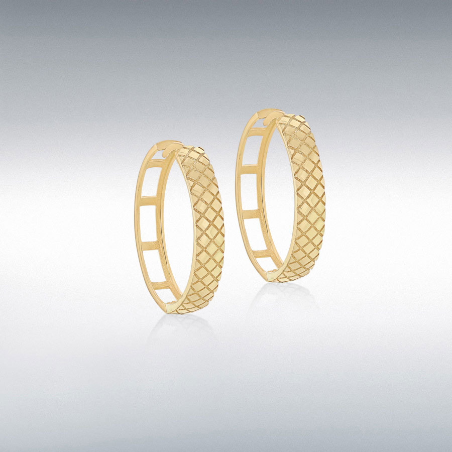 9ct Yellow Gold 4mm x 23mm Quilted Large Hoop Earrings