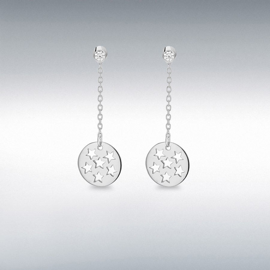 Sterling Silver CZ 10mm x 32mm Chain and Cutout-Stars-Disc Jacket Earrings