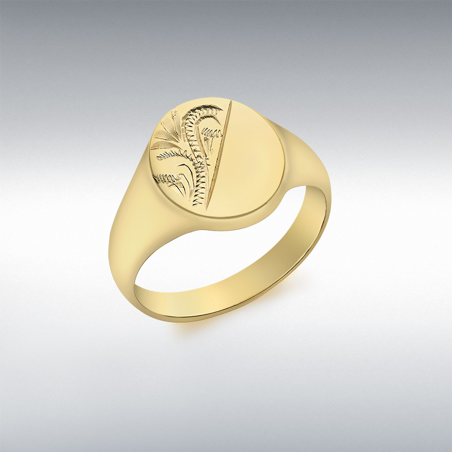 9ct Yellow Gold Half-Engraved 10mm x 12mm Oval Signet Ring
