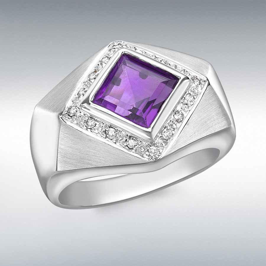 9ct White Gold 0.11ct Diamond and Amethyst Ring