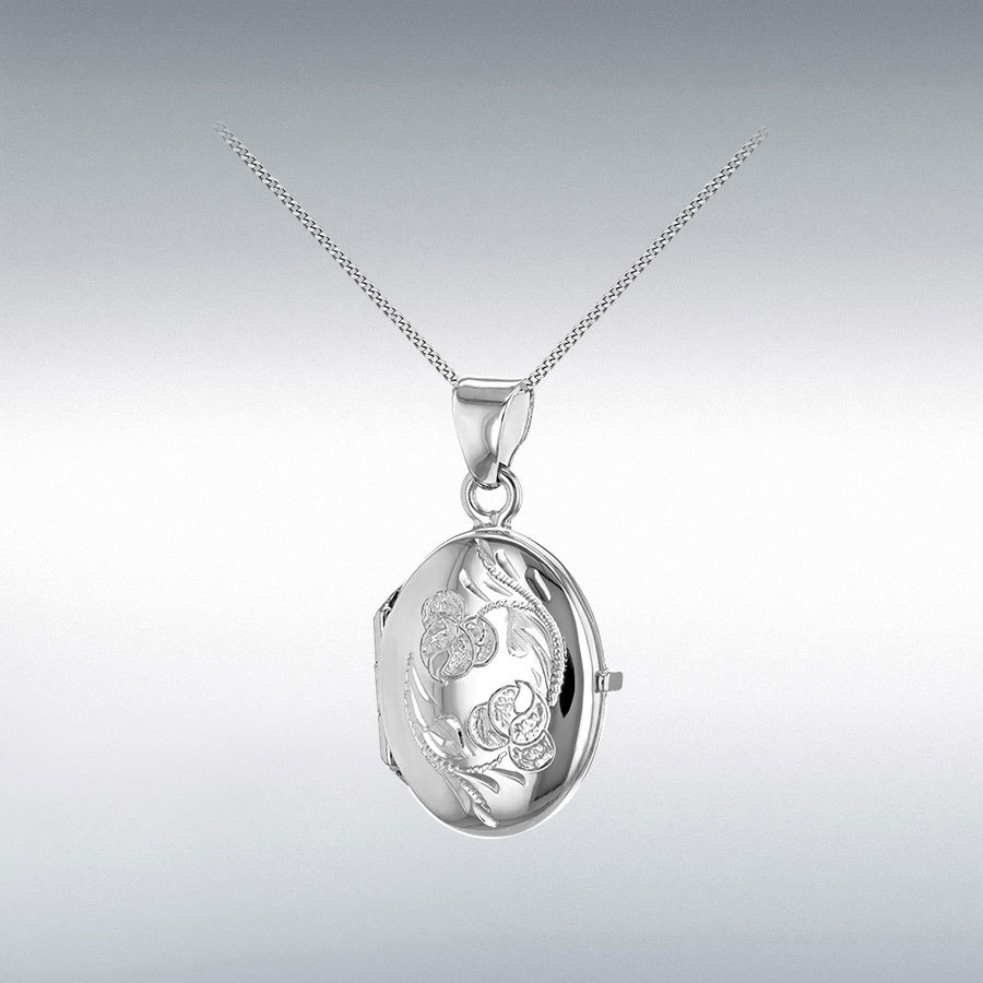 Sterling Silver Urn Two Flower Oval Locket Pendant 