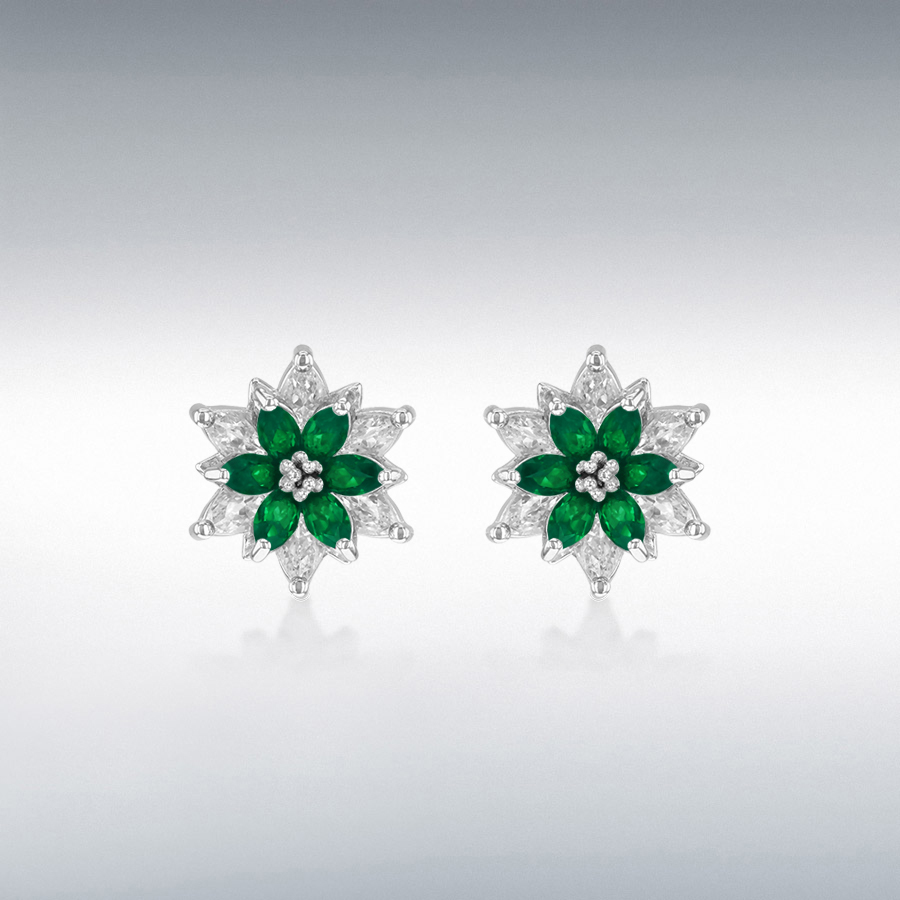 Sterling silver Rhodium Plated  White CZ and Green Nano 12mm Flower Stud Earring