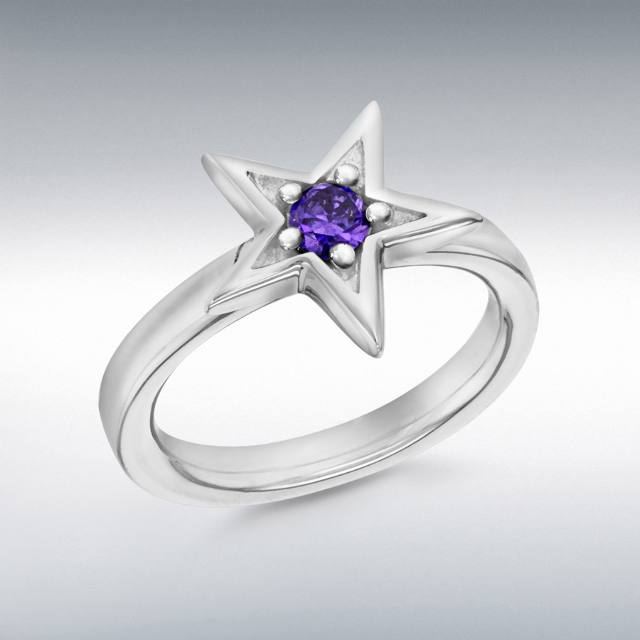 Sterling Silver Rhodium Plated Purple CZ Star Stacking Ring