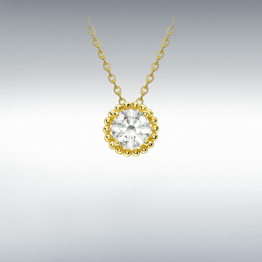 9ct Yellow Gold CZ 7mm Halo Adjustable Necklace 43cm/17"-46cm/18"