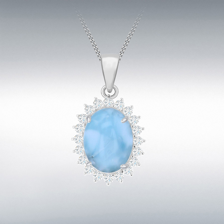Sterling Silver Rhodium Plated CZ and Larimar 14mm x 24mm Cluster Pendant