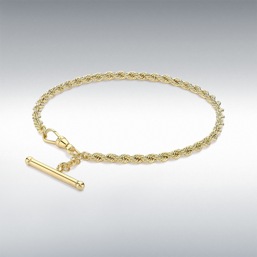9ct Yellow Gold 25.5mm x 3mm T-Bar Rope Chain Albert-Clasp Bracelet 19cm/7.5