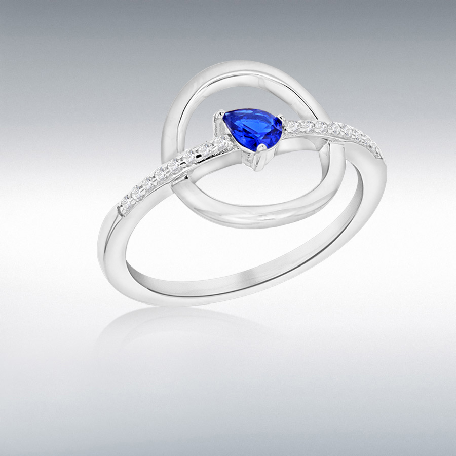Sterling Silver Rhodium Plated White and Blue CZ Circle & Bar Ring