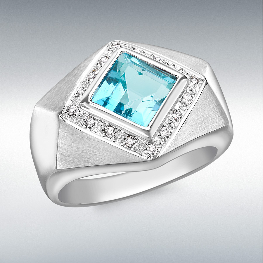 9ct White Gold 0.11ct Diamond and Blue Topaz Ring