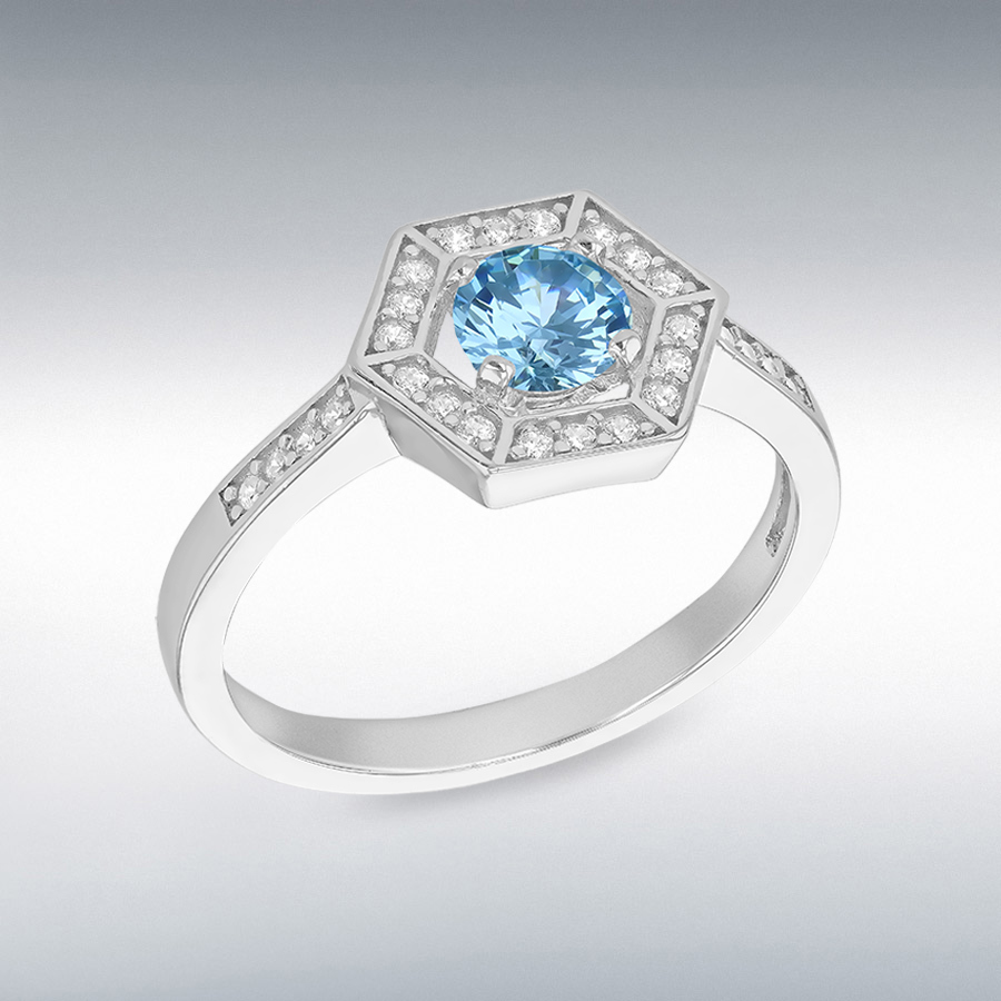 Sterling Silver Rhodium Plated 11mm x 9.5mm Round Small White CZ Halo Hexagon with 5mm Round Light Blue CZ Ring