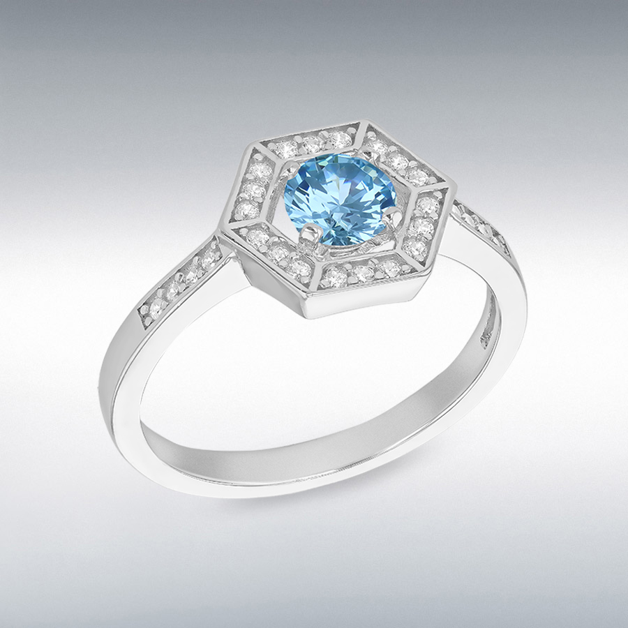 Sterling Silver Rhodium Plated 11mm x 9.5mm Round Small White CZ Halo Hexagon with 5mm Round Light Blue CZ Ring