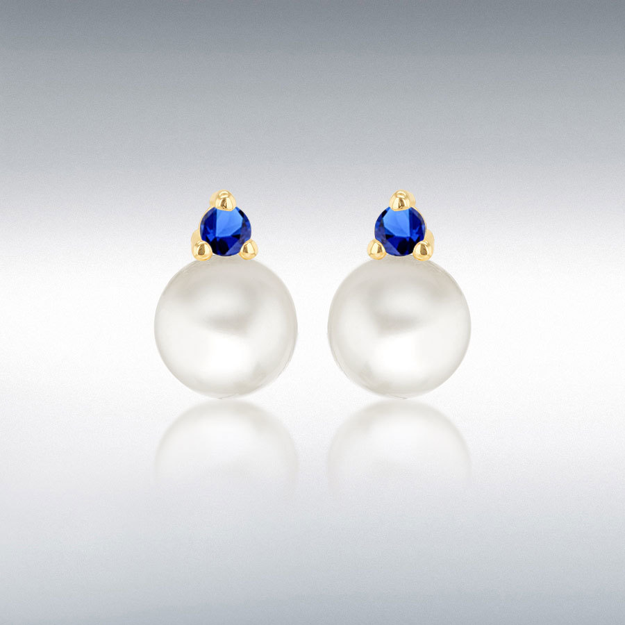 9ct Yellow Gold Fresh Water Pearls with Round Blue CZ Stud Earrings