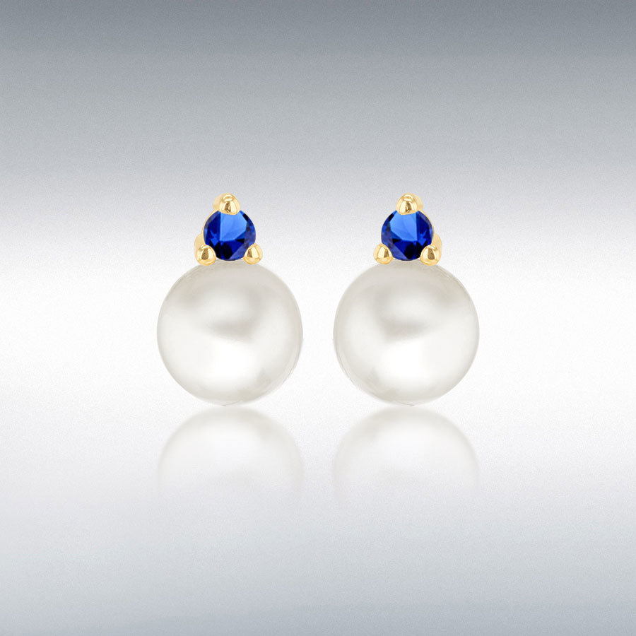 9ct Yellow Gold Fresh Water Pearls with Round Blue CZ Stud Earrings