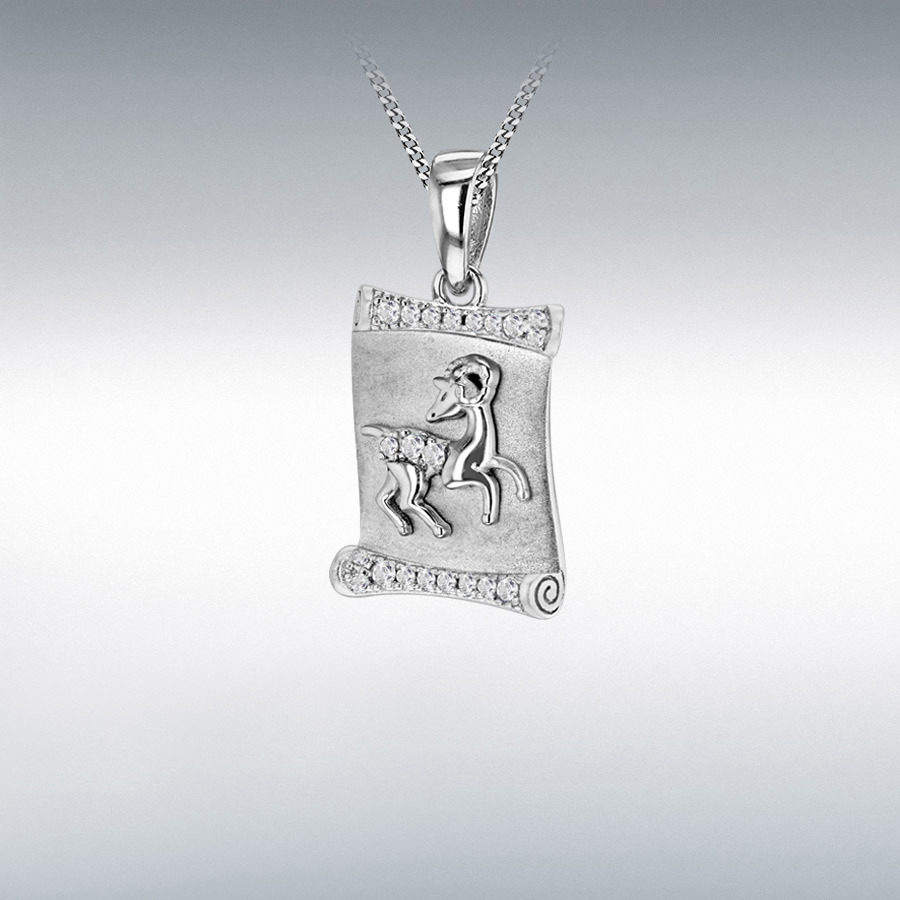 Sterling Silver Rhodium Plated CZ 12mm x 23.5mm Capricorn Zodiac Scroll Pendant