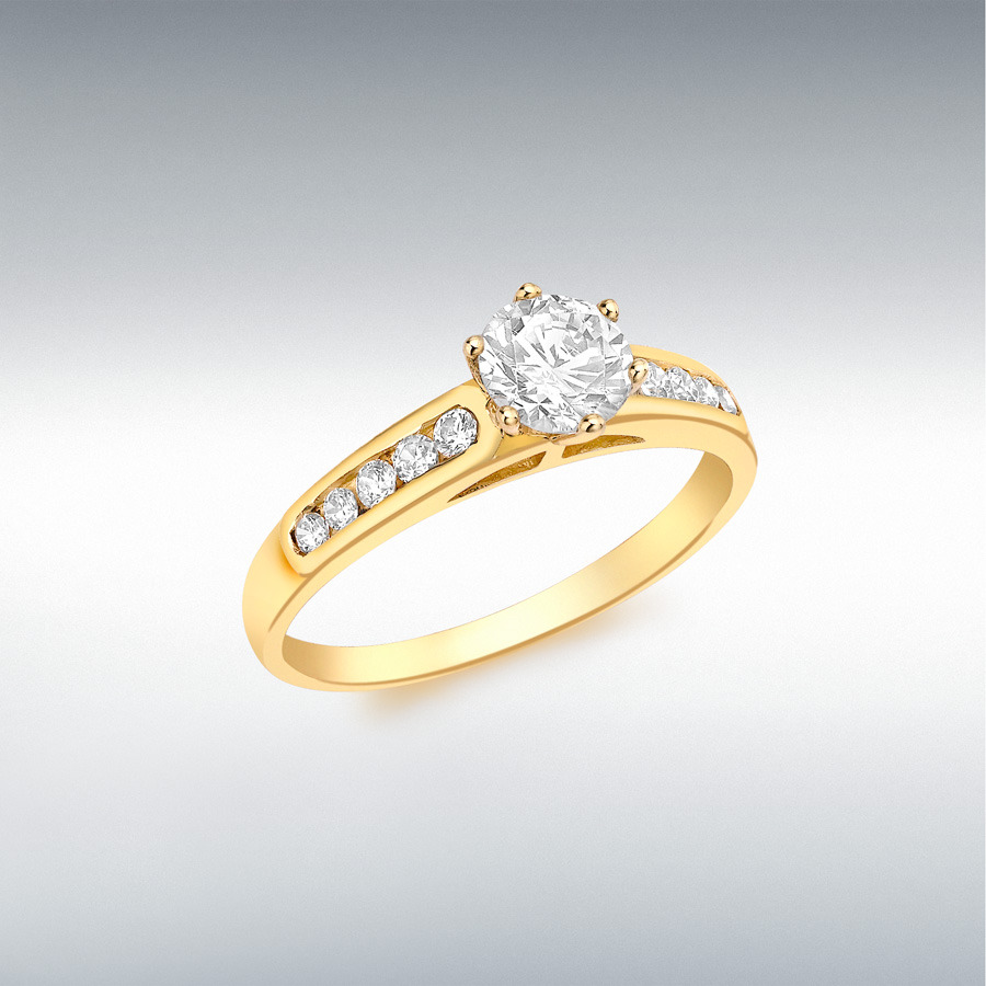 9ct Yellow Gold 5mm Round CZ Solitaire with 10 x 2mm CZ Shoulder Ring