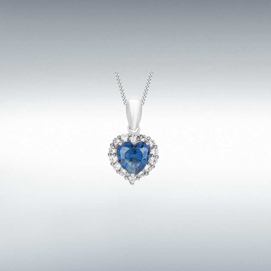 9ct White Gold Blue and White CZ 9mm x 12mm Heart Cluster Pendant