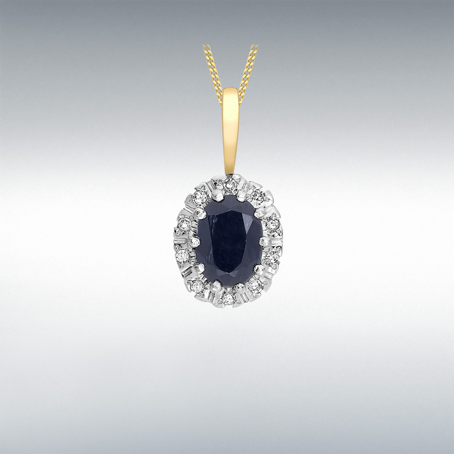 9ct Yellow Gold 0.07ct Diamond and Sapphire 9mm x 17.4mm Cluster Pendant