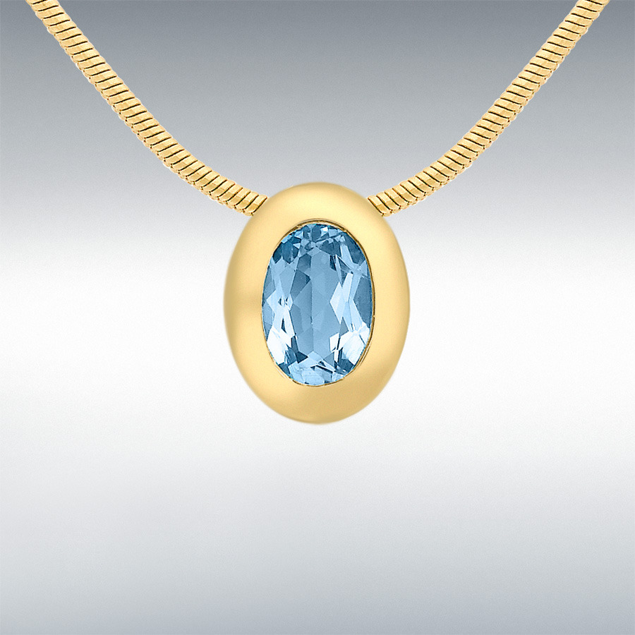 9ct Yellow Gold Blue Topaz 7mm x 9mm Oval Pendant on Snake Chain 41cm/16"