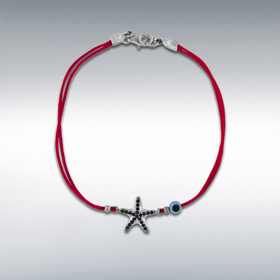 Sterling Silver Black CZ 13mm x 12mm Starfish and Bead Red Cord Bracelet 18cm/7