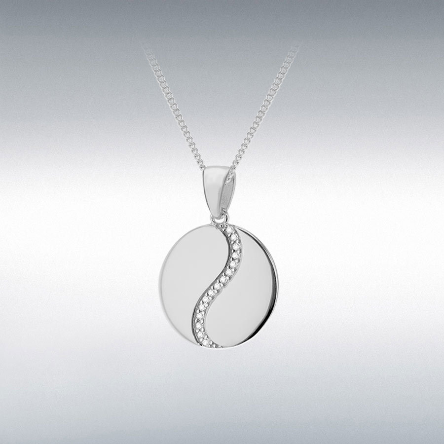 Sterling Silver Rhodium Plated CZ 16mm x 24mm Wave Disc Pendant