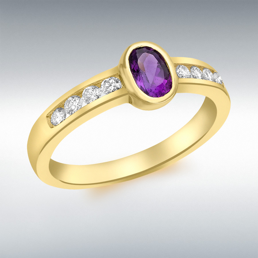 18ct Yellow Gold 0.20ct Diamond and Oval Amethyst Ring