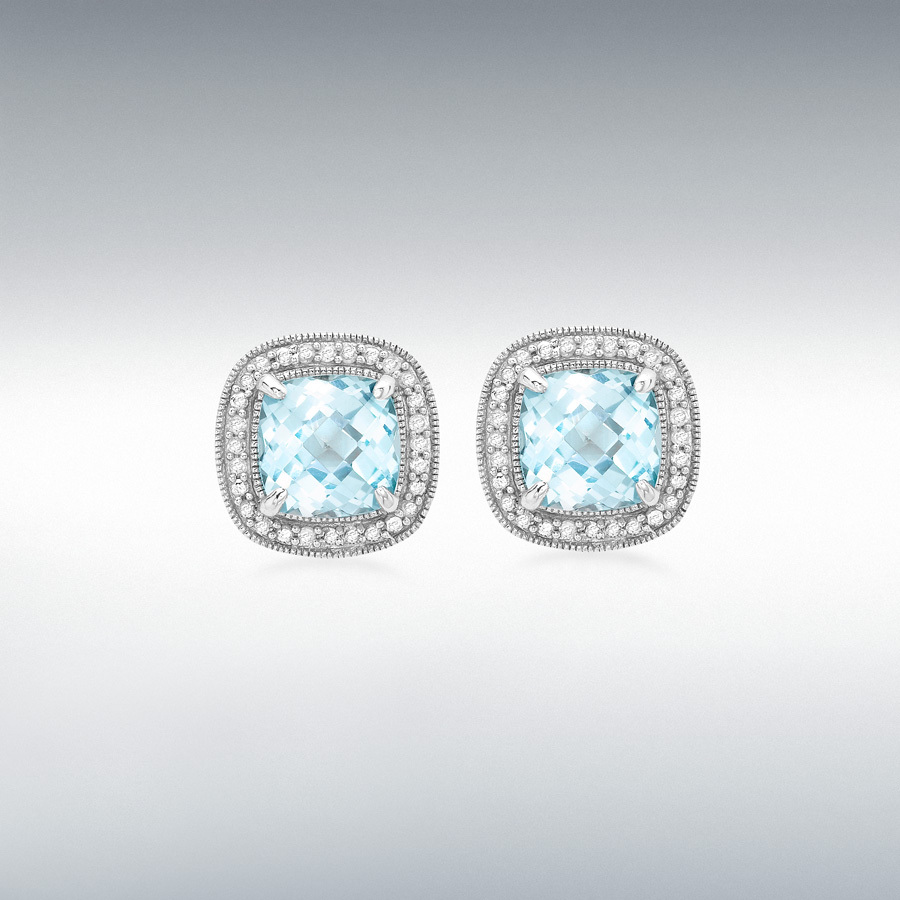 9ct White Gold 0.16ct Diamond and Cushion Cut Blue Topaz 11mm x 11mm Stud Earrings