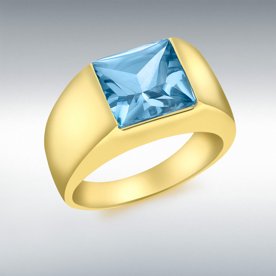 9ct Yellow Gold Large Square Blue Topaz Dress Ring
