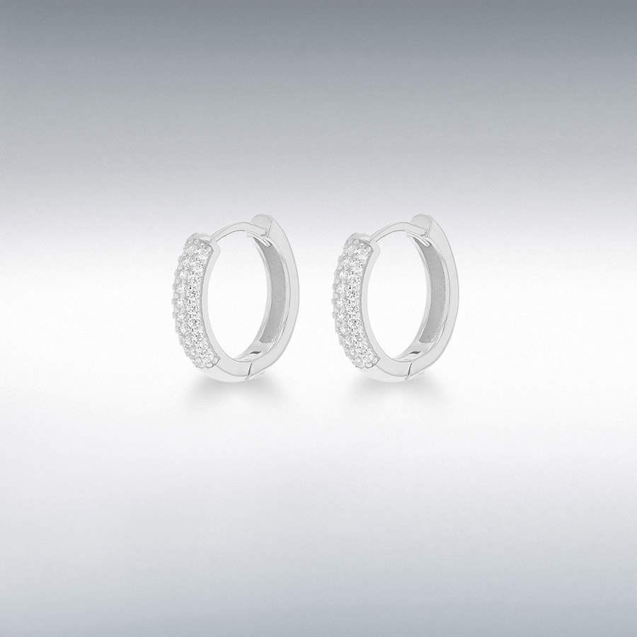 Sterling Silver Rhodium Plated CZ 3mm Band 14mm Hoop Creole Earrings