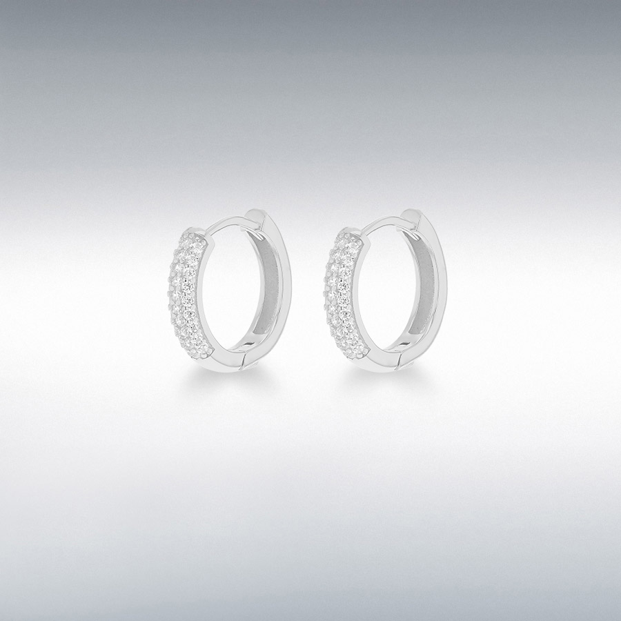 Sterling Silver Rhodium Plated CZ 3mm Band 14mm Hoop Creole Earrings