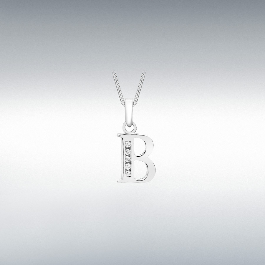 9ct White Gold CZ 7mm x 12mm 'B' Initial Pendant