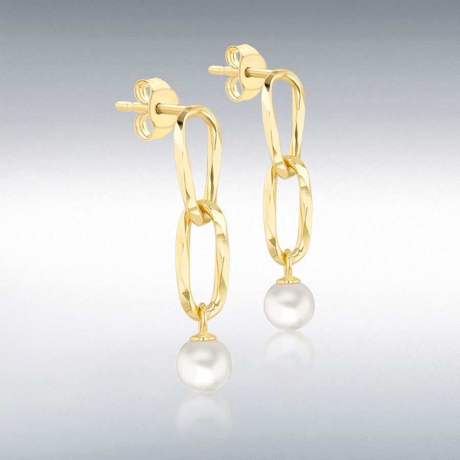 9ct Yellow Gold Double Link Fresh Water Pearls Drop Stud Earrings
