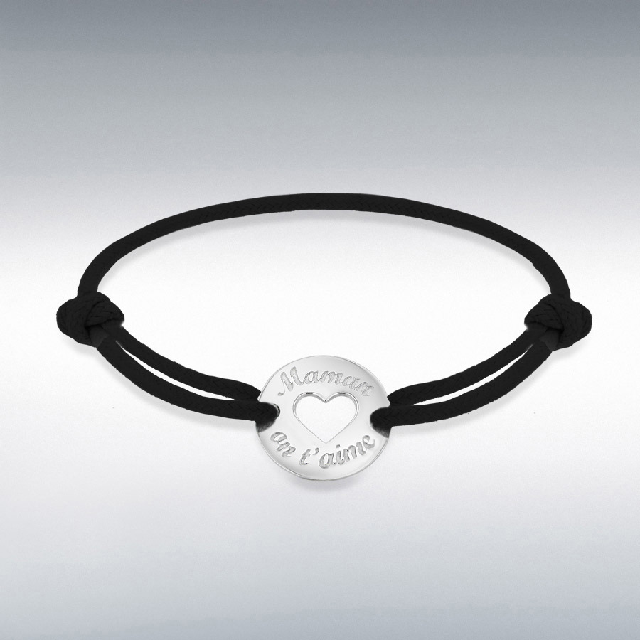 Sterling Silver Rhodium Plated Black Cord 16.4mm 'Maman on t'aime' Disc Adjustable Bracelet